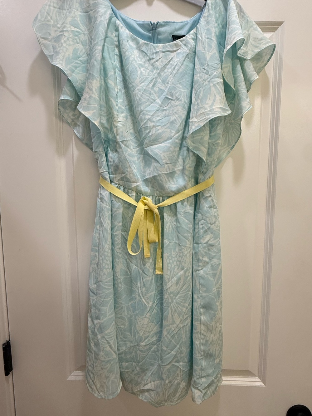 Women’s Light Blue Floral Flutter Sleeve Dress with Yellow Belt